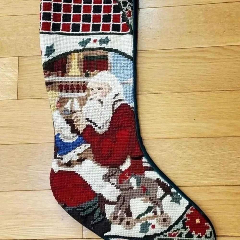 Vintage Needle Point Christmas Stocking Santa's Workshop Velvet‎